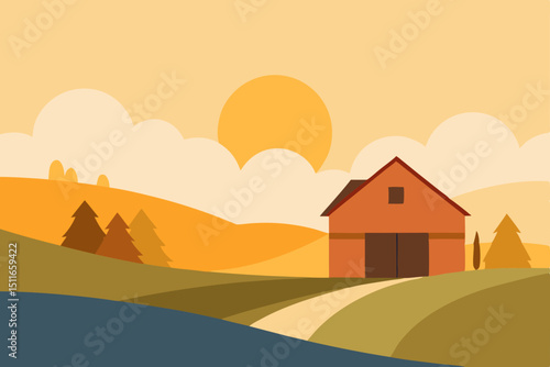 peaceful sunrise over a sleepy countryside barn 