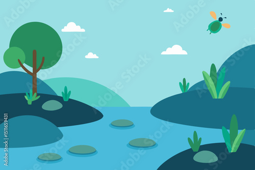 peaceful woodland creek with flat stones  frogs 