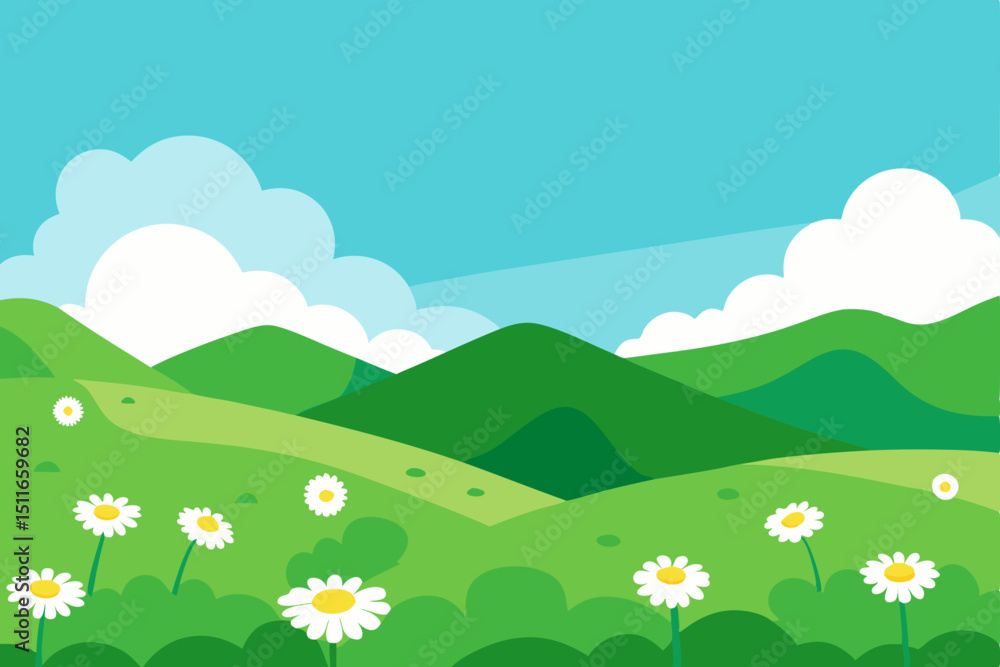 Fototapeta premium rolling green meadow with daisies hills stretchin.svg