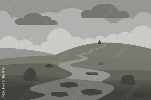 rainy moorland with rolling fog  lone trees  