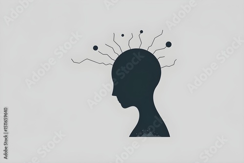 Silhouette of a person with abstract lines and circles emanating from the head, suggesting thoughts or connections, on a light gray background
