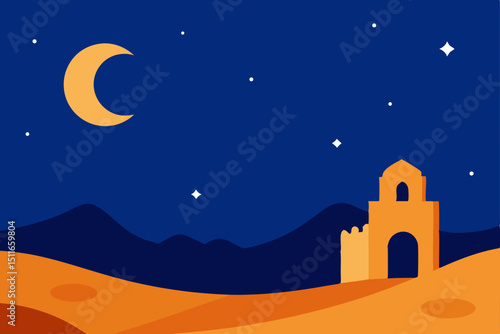 starry desert night with ancient ruins  crescent 