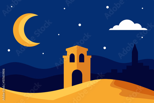 starry desert night with ancient ruins  crescent