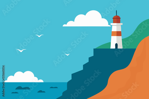 vector beach cliff with lighthouse  crashing waves.svg