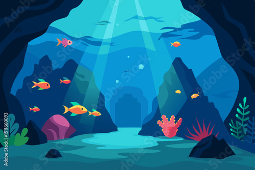 tropical underwater cavern with rays of sunlight  