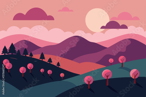 vector hilltop orchard at dusk with pink skies  