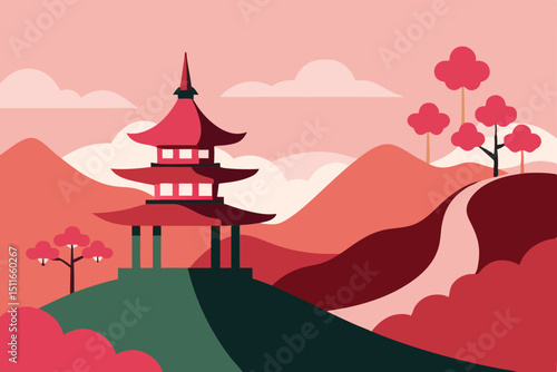 vector hilltop temple with curved rooftops  cherry.svg