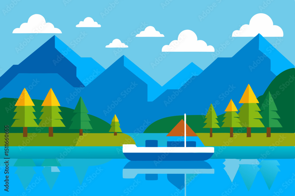 Naklejka premium vector serene mountain lake with paddleboats 