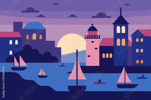 vector serene harbor town at dusk with sailboats  .svg