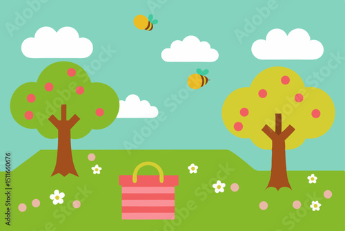 vector spring orchard with bees buzzing  trees in .svg