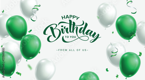Happy birthday greeting card clipart banner. Birthday invitation and wishes clip art with green and white balloons floating decoration party elements vector illustration. 
