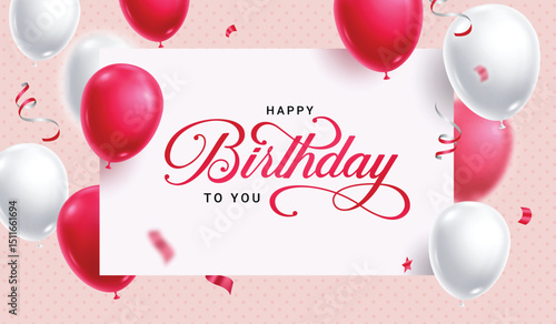 Birthday greeting card clipart banner. Happy birthday wishes in border frame clip art with white and red balloons decoration elements in pattern background vector illustration. 
