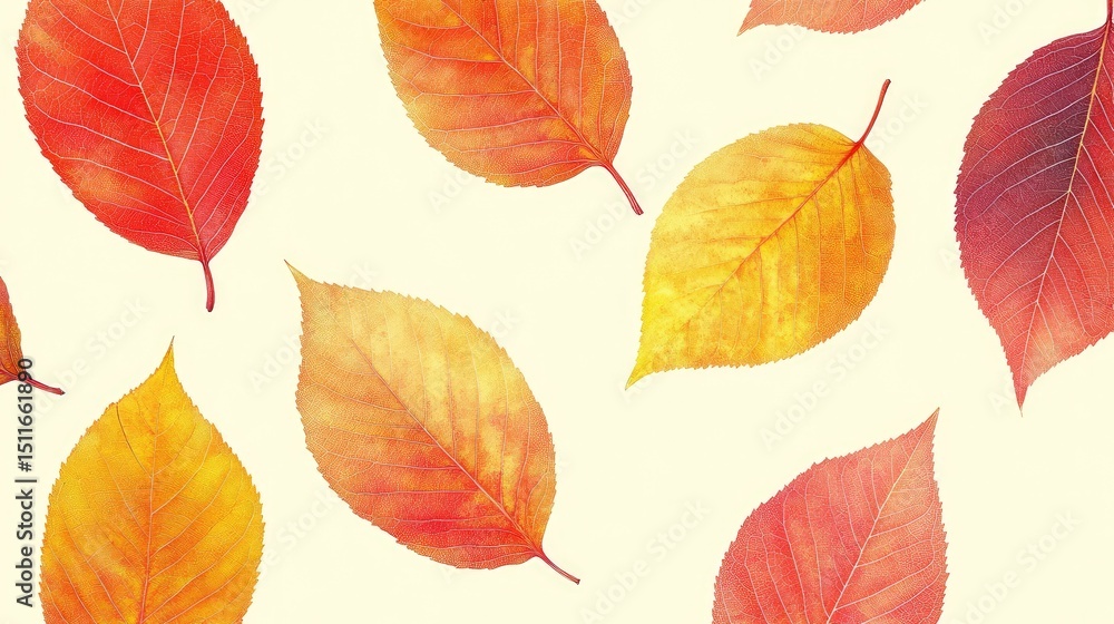 Obraz premium Leaf motifs in warm sunset colors repeated on a pale yellow background