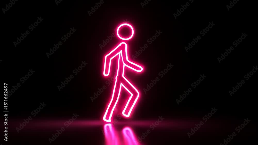 Neon pink stick figure walks on shiny floor Neon pink stick figure walks on shiny floor