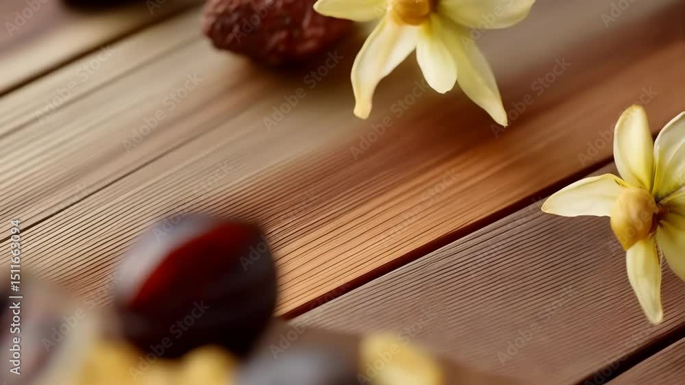 Close-up shot of a tasty dessert featuring nuts, dried fruits, shredded coconut, and a flower in the background for garnish. Close-up shot of a tasty dessert featuring nuts, dried fruits, shredded coconut, and a flower in the background for garnish.