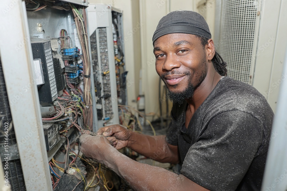 Skilled HVAC technician ensures efficient air conditioning. High quality Skilled HVAC technician ensures efficient air conditioning. High quality