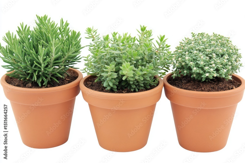 Three potted herbs in terracotta pots, arranged horizontally, against a white background. Healthy, small plants with varying leaf shapes Three potted herbs in terracotta pots, arranged horizontally, against a white background. Healthy, small plants with varying leaf shapes