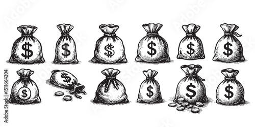 money bag set in vintage style hand-drawn engraving woodcut illustration