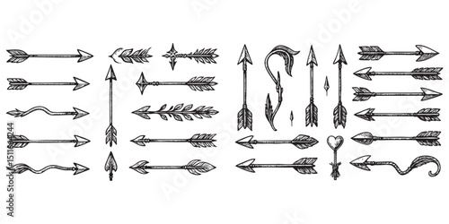 arrow object set in vintage style hand-drawn engraving woodcut illustration