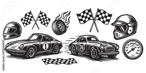 racing car object set in vintage style hand-drawn engraving woodcut illustration