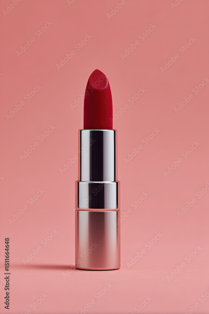 Vibrant deep matte red lipstick stands upright against soft pink background, showcasing its sleek design and rich color, perfect for adding bold touch to any makeup look Vibrant deep matte red lipstick stands upright against soft pink background, showcasing its sleek design and rich color, perfect for adding bold touch to any makeup look