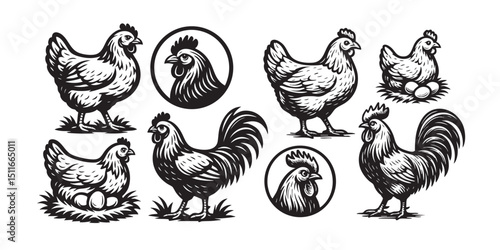 chicken farm set in vintage style hand-drawn engraving woodcut illustration