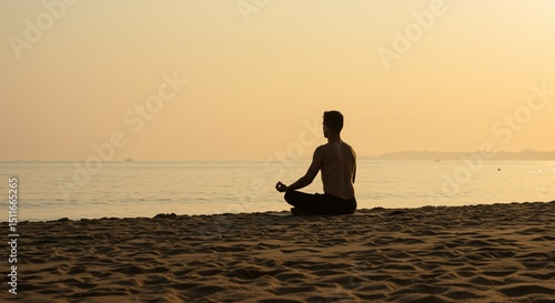 Wallpaper Mural Young man meditating in silhouette on a sandy beach during a golden sunset. Peaceful yoga practice by the ocean for mindfulness and relaxation. Serene coastal scene promoting wellness and tranquility. Torontodigital.ca