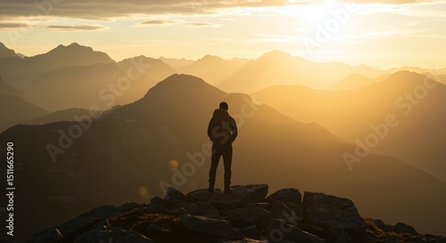 Man with backpack enjoys stunning mountain sunrise. Hiker standing on rocky peak overlooking vast alpine landscape. Adventure and exploration in nature.