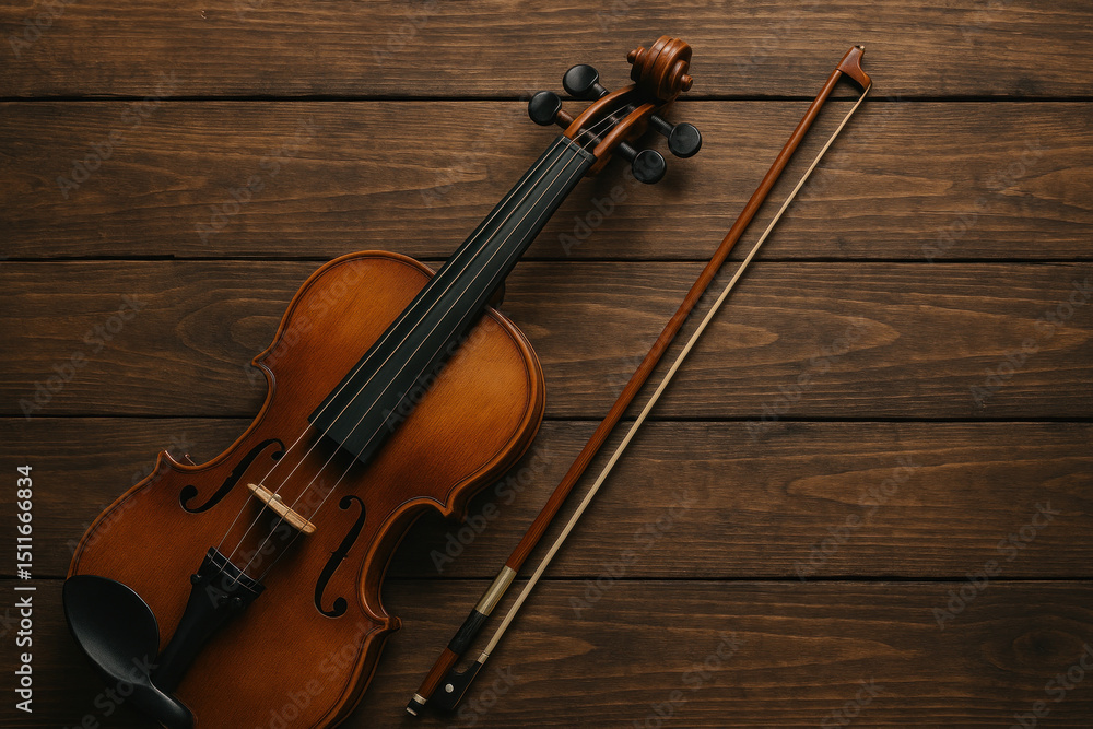 Naklejka premium Violin and bow on wooden background.