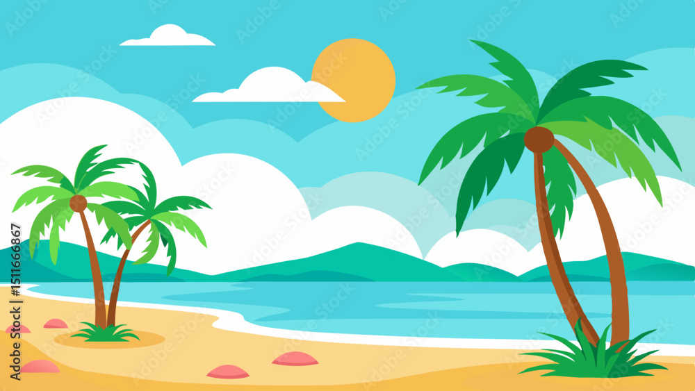 Fototapeta premium Vector Illustration of Tropical Beach with Palm Trees 