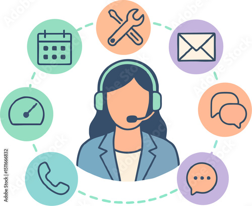 Illustration of a call center employee surrounded by icons representing services