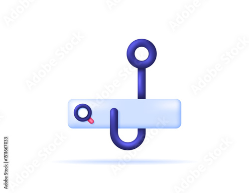 illustration of a search bar with a hook. concept of browser and trap website address. phishing link. scam and hacking. symbol or icon. minimalist 3d style design