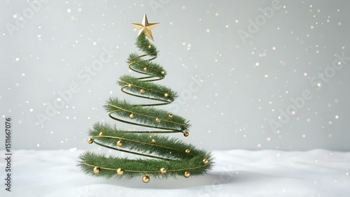Elegant Spiral Christmas Tree with Golden Ornaments and Snowfall on Soft Gray Background