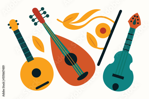 Handmade folk musical instruments in cultural craft display vector art illustration