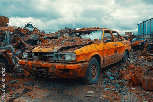Burnt car in junkyard.