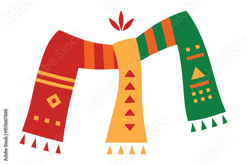 Hand painted scarves with tribal scenes in traditional textile art vector art illustration