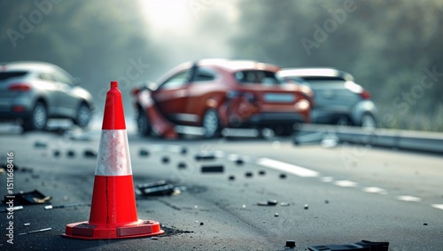 Traffic cone in foreground with damaged vehicles after a car accident on the highway.