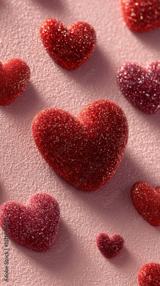 Fototapeta premium Glittery red hearts scattered on a textured pink background.