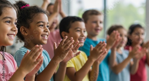 Group of different smiling friends children, clapping hands. Applause together, success and entertainment. Happy kids, childhood. Selective focus