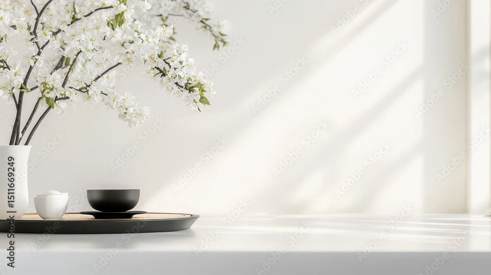 Serene and elegant arrangement featuring white flower branch vase, accompanied by black bowl and small white cup tray, creating peaceful Serene and elegant arrangement featuring white flower branch vase, accompanied by black bowl and small white cup tray, creating peaceful