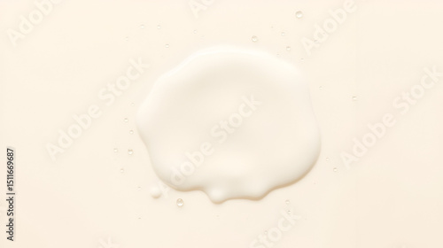 Creamy liquid splatter with water droplets.  A light-colored, milky substance forms a splotch and is surrounded by many small, circular water droplets