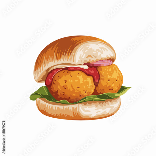 Vada Pav with Chutney and Fried Potato Fritter – Vector Style