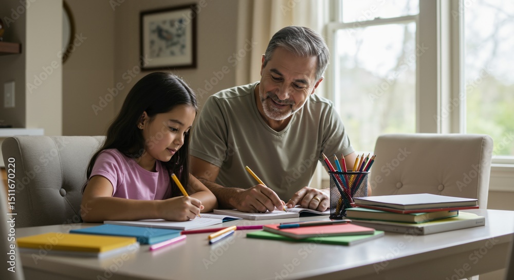 Grandfather and Granddaughter Engaging in Creative Drawing and Coloring at Home Grandfather and Granddaughter Engaging in Creative Drawing and Coloring at Home