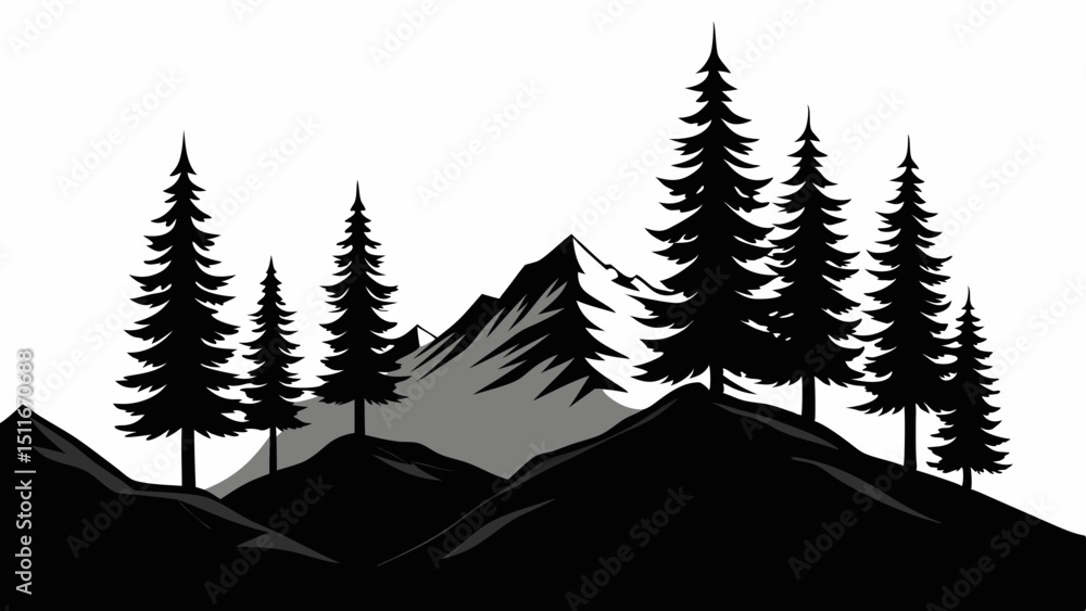 Fototapeta premium Minimalist Pine Tree Silhouette on Mountain Vector