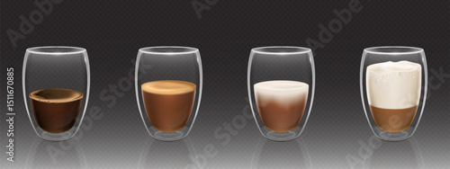 Realistic coffee glasses - transparent cups with hot drink of different types. Cappuccino and latte with foam top, strong espresso shot, creamy beverage surface. Brewing caffeinated liquid serving.