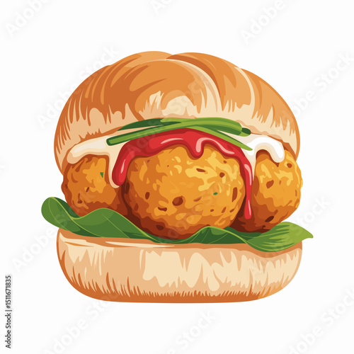 Vada Pav with Chutney and Fried Potato Fritter – Vector Style