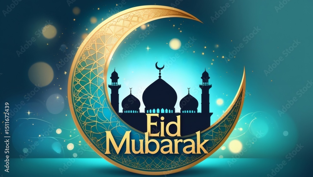 Eid Mubarak greeting with mosque silhouette and golden crescent moon created by Generative AI.
Eid Mubarak greeting with mosque silhouette and golden crescent moon created by Generative AI.