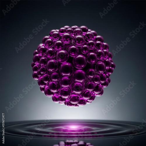 A purple sphere made of many glass beads floats above a rippling water surface.