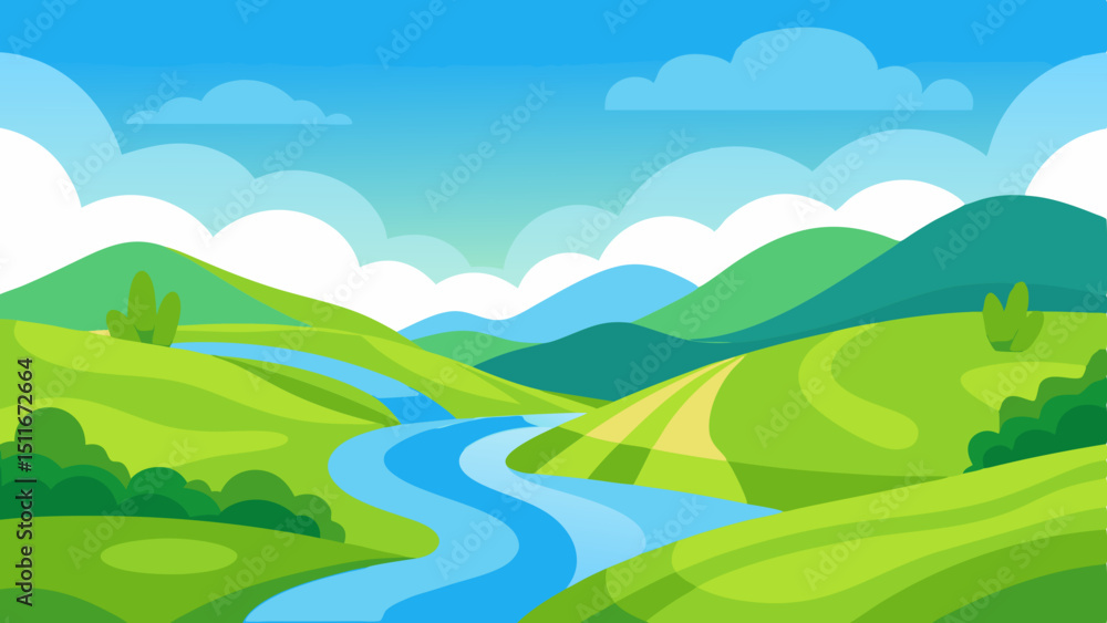 Obraz premium Rolling Hills with Winding River Vector Landscape
