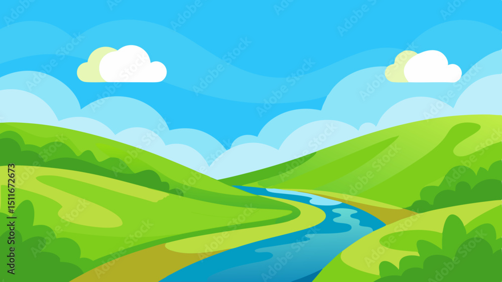 Obraz premium Rolling Hills with Winding River Vector Landscape
